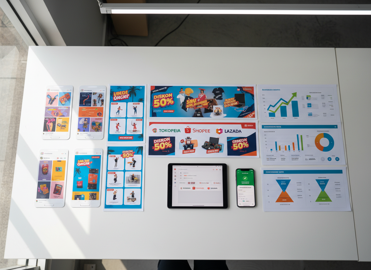 A wide, top-down photographic view of a large white table covered with printed marketing assets: colorful mockups of Instagram feeds, TikTok short video storyboards, e-commerce banner designs, and performance reports featuring rising arrows and conversion funnels. Nearby, a tablet shows a media buying dashboard with Indonesian marketplace logos, while a smartphone displays a checkout page with a successful order confirmation. Natural daylight from a nearby window mixes with cool overhead LEDs, creating balanced, bright illumination and soft shadows from each object. The mood is energetic and strategic, with a clean, organized composition following the rule of thirds. Saturated brand colors pop against the neutral background, embodying a bold, data-driven marketing agency crafting omnichannel campaigns for UMKM and enterprise clients.