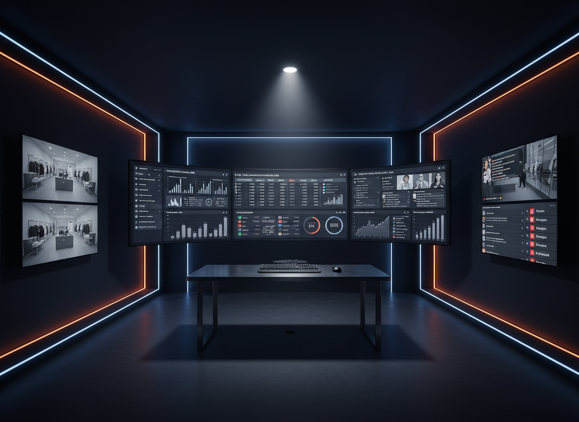 An organized retail command center featuring a massive ultra-wide curved monitor showing a centralized dashboard that combines inventory levels, POS transactions, live streaming schedules, and ad spend results for multiple Indonesian store locations. Surrounding the main display are smaller screens showing CCTV views of minimalist retail interiors, real-time chat for live shopping events, and updates from popular marketplaces. The room has a dark, matte finish with subtle LED strip lighting in intense orange and deep blue, casting a confident, high-tech glow. Focus lighting highlights the main monitor, with the rest of the room in soft shadow. Photographic realism from a slightly elevated, wide-angle perspective emphasizes depth and scale, conveying a bold, system-driven approach to retail business development.