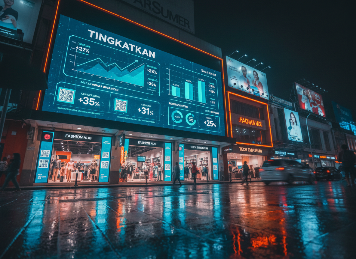 A dramatic, ultra-realistic night-time cityscape of an Indonesian commercial district, with a focus on brightly lit retail storefronts and billboards. One large digital billboard shows a sharp analytics interface with climbing charts, ad performance metrics, and the words “Scale Up” in Indonesian, while nearby shop windows display carefully arranged products with digital price tags and QR codes. Neon signage casts vivid cyan and magenta reflections on wet pavement, creating a cinematic glow. Street details stay softly blurred to maintain anonymity and focus attention on the illuminated marketing visuals. Shot from a slightly low angle, the composition feels bold and forward-looking, symbolizing how powerful advertising and smart systems can transform physical retail performance.