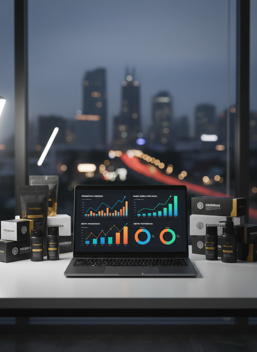 A sleek, dark charcoal laptop open on a clean white desk, its screen displaying bold analytics dashboards, colorful campaign graphs, and rising performance metrics in Indonesian language labels. Surrounding the laptop are neatly stacked branded boxes and product packaging from various UMKM and retail brands, all sharply in focus. Behind, a large glass wall reveals a blurred city skyline at dusk. Strong, directional side lighting creates crisp highlights on the metal laptop body and subtle reflections on the glass. Shot at eye level with a shallow depth of field, the composition emphasizes growth and professionalism. The photographic realism style is bold and modern, with saturated colors and high contrast to represent an ambitious, data-driven marketing agency in Indonesia.