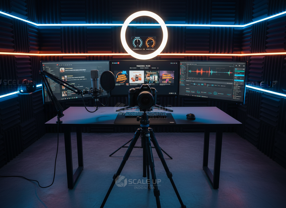 An array of high-end streaming equipment neatly arranged on a matte black workstation: a compact 4K camera on a sturdy tripod, a professional microphone with a fine metal mesh grille, an LED ring light with adjustable color temperature dials, and a multi-monitor setup showing live chat, viewer counts, and product showcase overlays in Bahasa Indonesia. The room is a modern studio with soundproof foam panels and illuminated accent strips in electric blue and orange. Focused studio lighting creates crisp edges and reflections on metal surfaces, with controlled, dramatic shadows. Captured from a slightly elevated angle, the composition feels powerful and energetic. Photographic realism with bold, vibrant tones emphasizes Scale Up Indonesia’s expertise in live streaming production for brands and retailers.